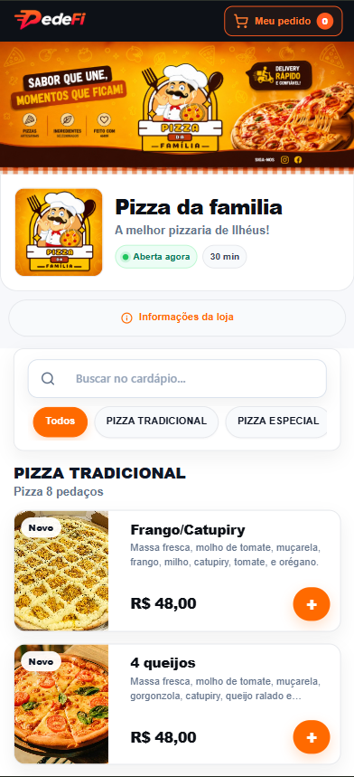 Cardápio público real do PedeFi no celular